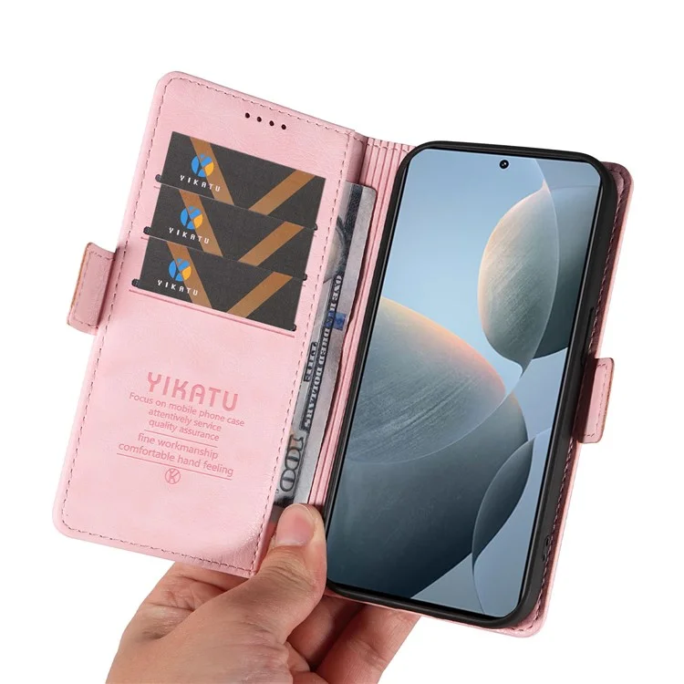 YIKATU YK-007 Чехол для Xiaomi 14T с боковой пряжкой, из ПУ кожи с текстурой личи - Розовый