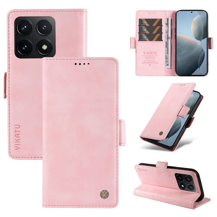 YIKATU YK-007 Чехол для Xiaomi 14T с боковой пряжкой, из ПУ кожи с текстурой личи - Розовый