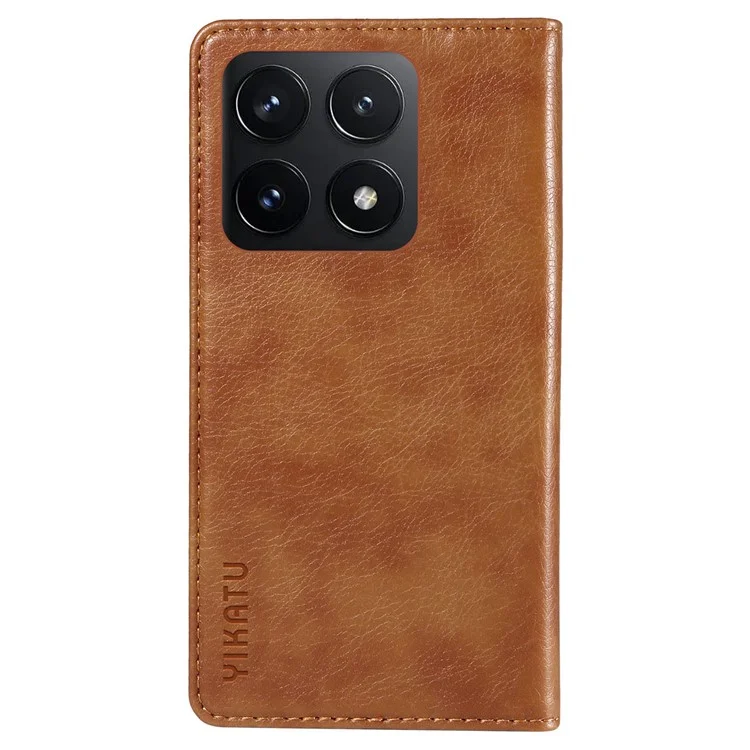 YIKATU YK-006 Funda Cartera de Cuero de Grano Litchi para Xiaomi 14T Carcasa de Teléfono Magnética Autoadhesiva - Marrón