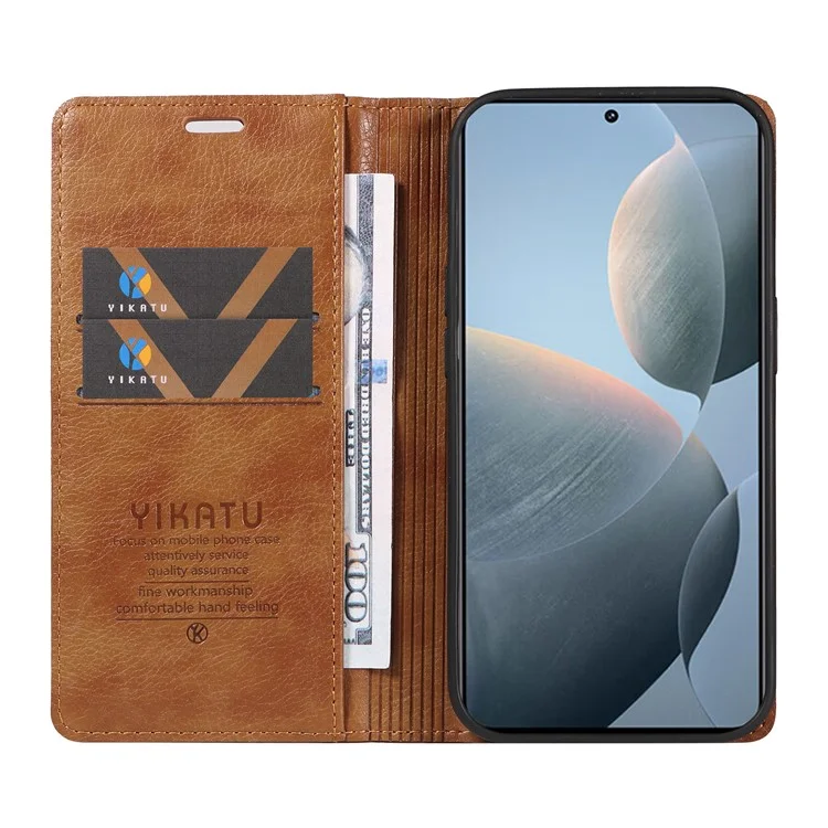 YIKATU YK-006 Funda Cartera de Cuero de Grano Litchi para Xiaomi 14T Carcasa de Teléfono Magnética Autoadhesiva - Marrón