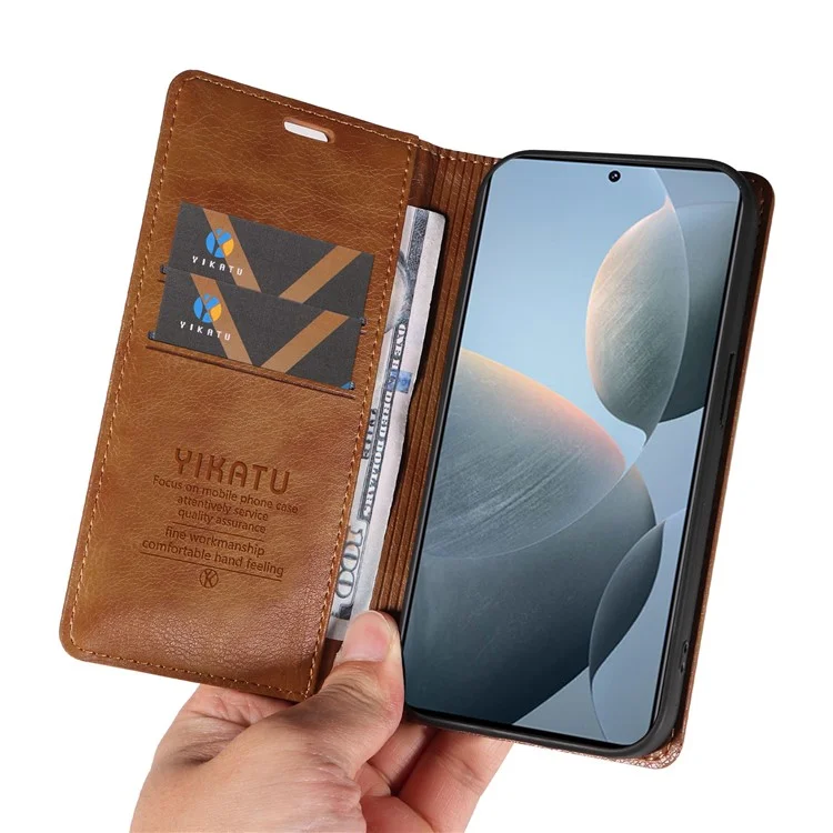 YIKATU YK-006 Funda Cartera de Cuero de Grano Litchi para Xiaomi 14T Carcasa de Teléfono Magnética Autoadhesiva - Marrón