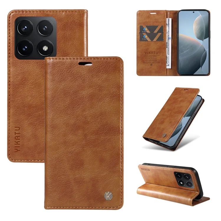 YIKATU YK-006 Funda Cartera de Cuero de Grano Litchi para Xiaomi 14T Carcasa de Teléfono Magnética Autoadhesiva - Marrón