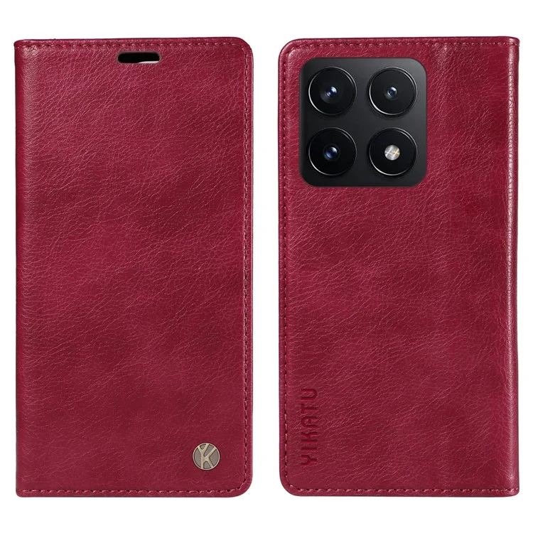 YIKATU YK-006 For Xiaomi 14T Case Wallet Litchi Grain Leather Phone Cover Magnetic Auto-Absorbed - Wine Red