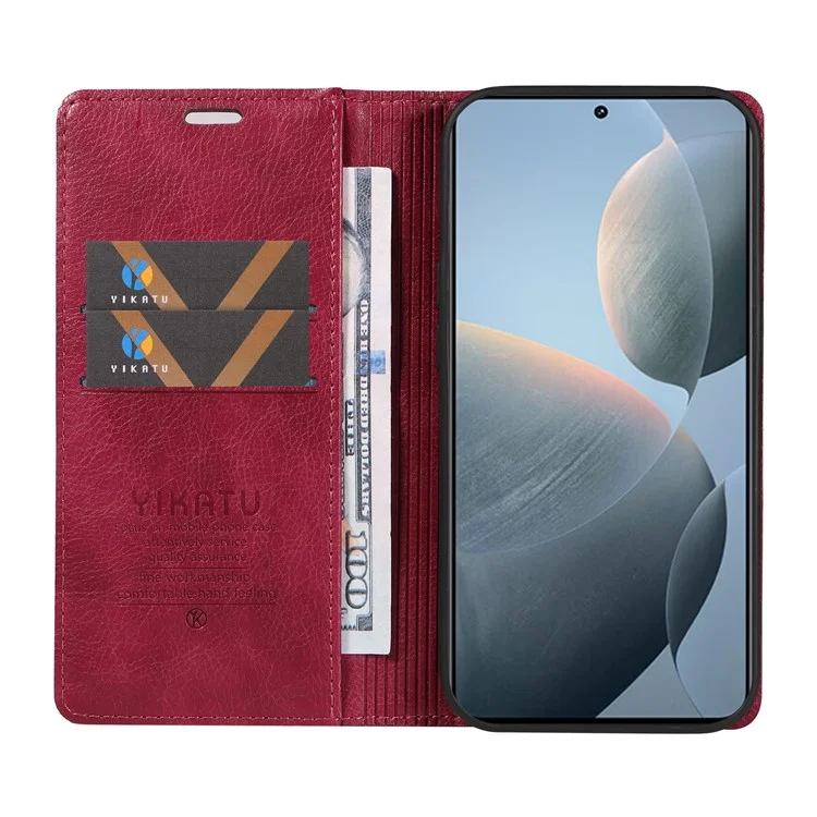 YIKATU YK-006 For Xiaomi 14T Case Wallet Litchi Grain Leather Phone Cover Magnetic Auto-Absorbed - Wine Red