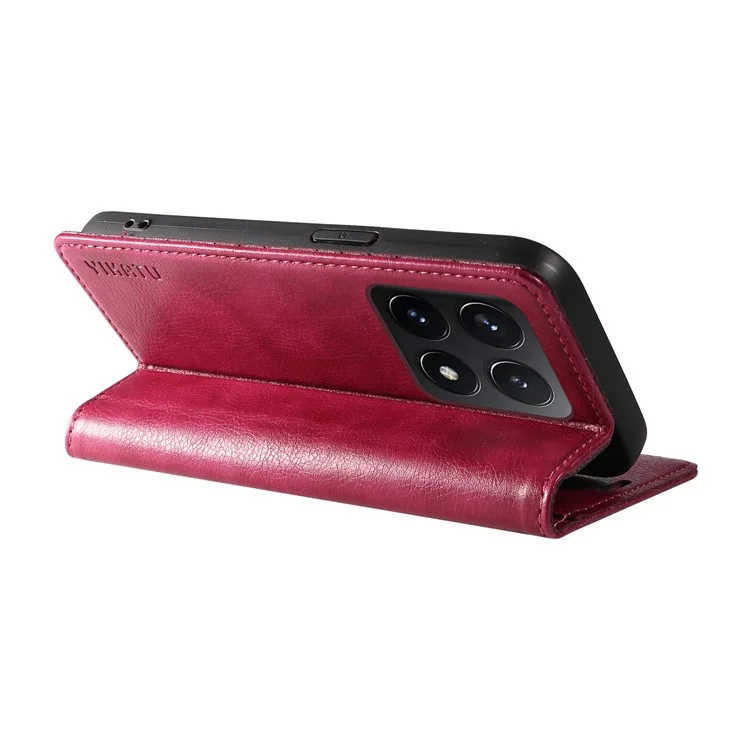 YIKATU YK-006 For Xiaomi 14T Case Wallet Litchi Grain Leather Phone Cover Magnetic Auto-Absorbed - Wine Red