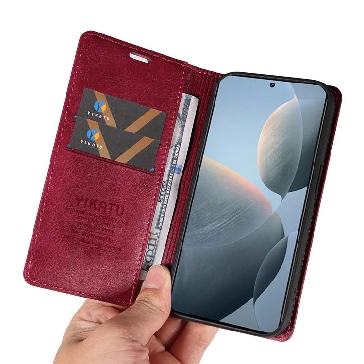 YIKATU YK-006 For Xiaomi 14T Case Wallet Litchi Grain Leather Phone Cover Magnetic Auto-Absorbed - Wine Red
