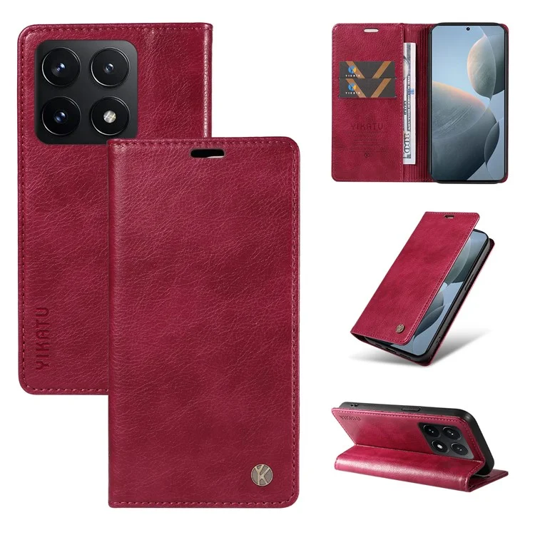 YIKATU YK-006 For Xiaomi 14T Case Wallet Litchi Grain Leather Phone Cover Magnetic Auto-Absorbed - Wine Red