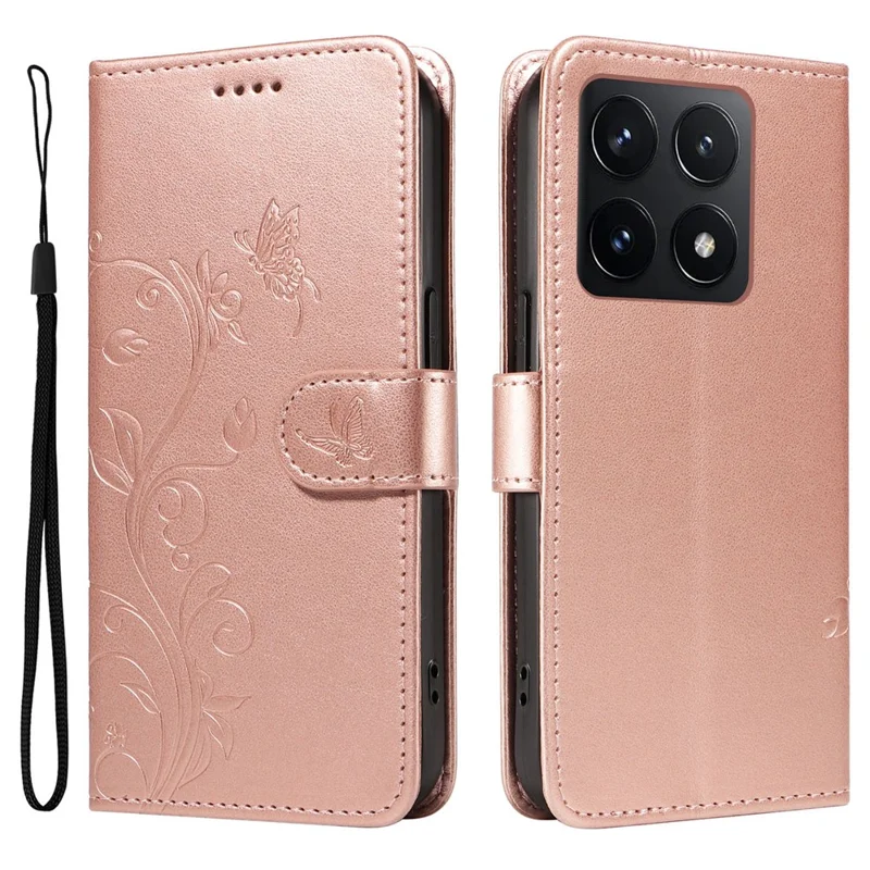 For Xiaomi 14T PU Leather Cases Flower Pattern Wallet Stand Phone Cover with Strap - Rose Gold