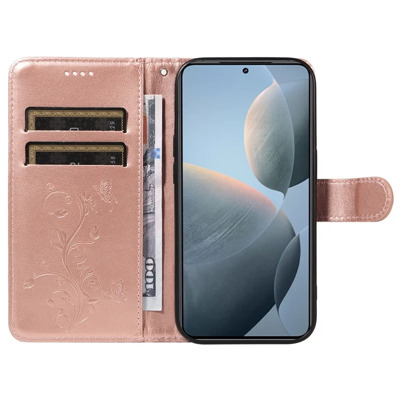For Xiaomi 14T PU Leather Cases Flower Pattern Wallet Stand Phone Cover with Strap - Rose Gold