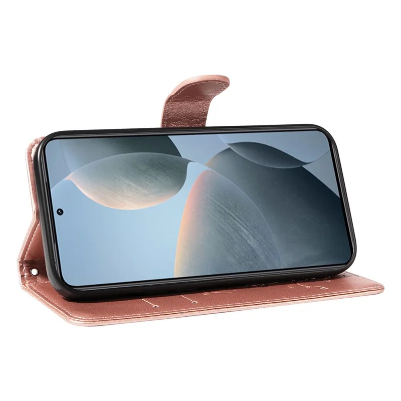 For Xiaomi 14T PU Leather Cases Flower Pattern Wallet Stand Phone Cover with Strap - Rose Gold