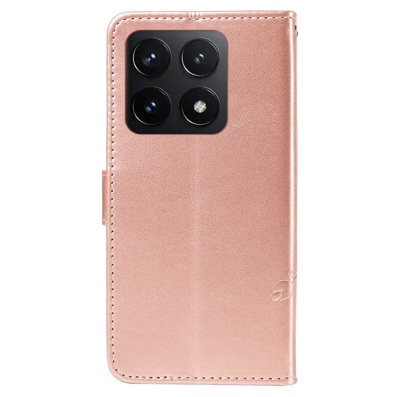 For Xiaomi 14T PU Leather Cases Flower Pattern Wallet Stand Phone Cover with Strap - Rose Gold