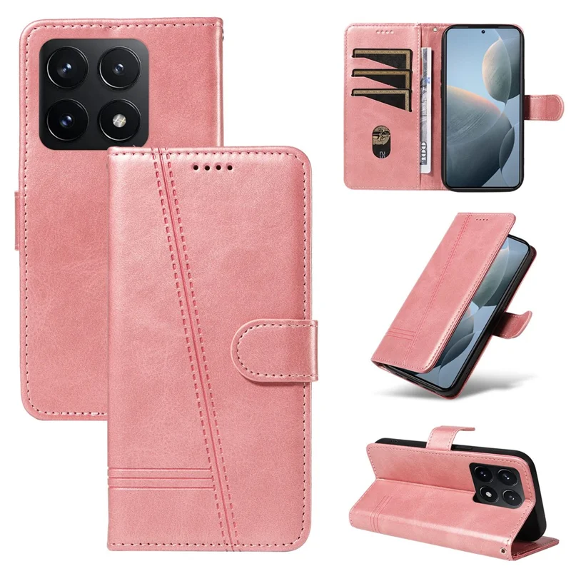Per Xiaomi 14T Custodia Flip Wallet Linee a Forma di T in Pelle per Telefono - Oro Rosa