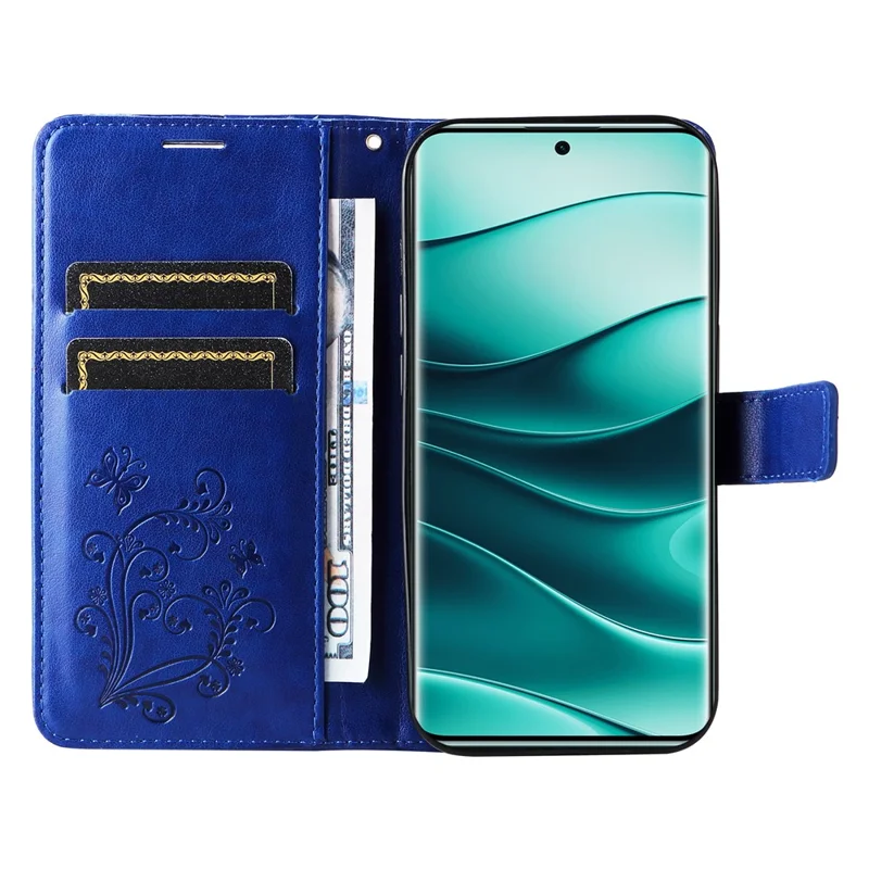For Xiaomi Redmi Note 14 Pro+ 5G / Note 14 Pro 5G / Poco X7 5G Wallet Case Floral Butterfly Imprinted Leather Phone Cover Stand - Blue