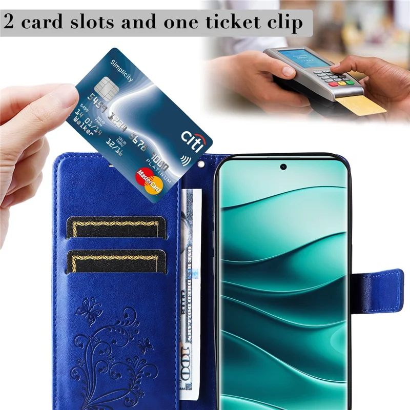 For Xiaomi Redmi Note 14 Pro+ 5G / Note 14 Pro 5G / Poco X7 5G Wallet Case Floral Butterfly Imprinted Leather Phone Cover Stand - Blue