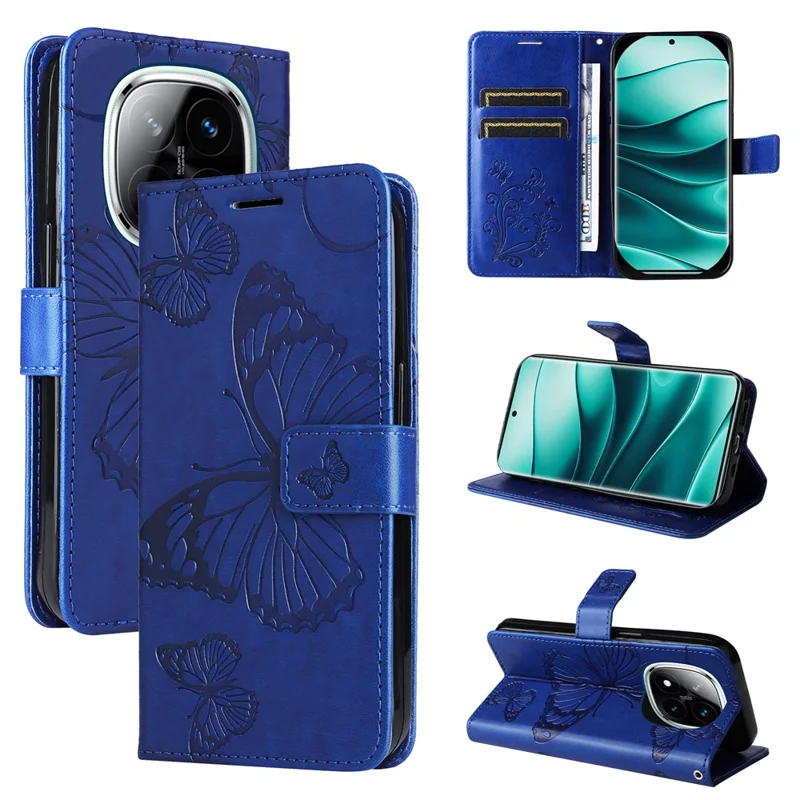 For Xiaomi Redmi Note 14 Pro+ 5G / Note 14 Pro 5G / Poco X7 5G Wallet Case Floral Butterfly Imprinted Leather Phone Cover Stand - Blue