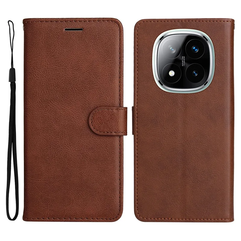 For Xiaomi Redmi Note 14 Pro+ 5G / Note 14 Pro 5G / Poco X7 5G Case Solid Color Leather Mobile Cover Wallet Stand with Strap - Brown