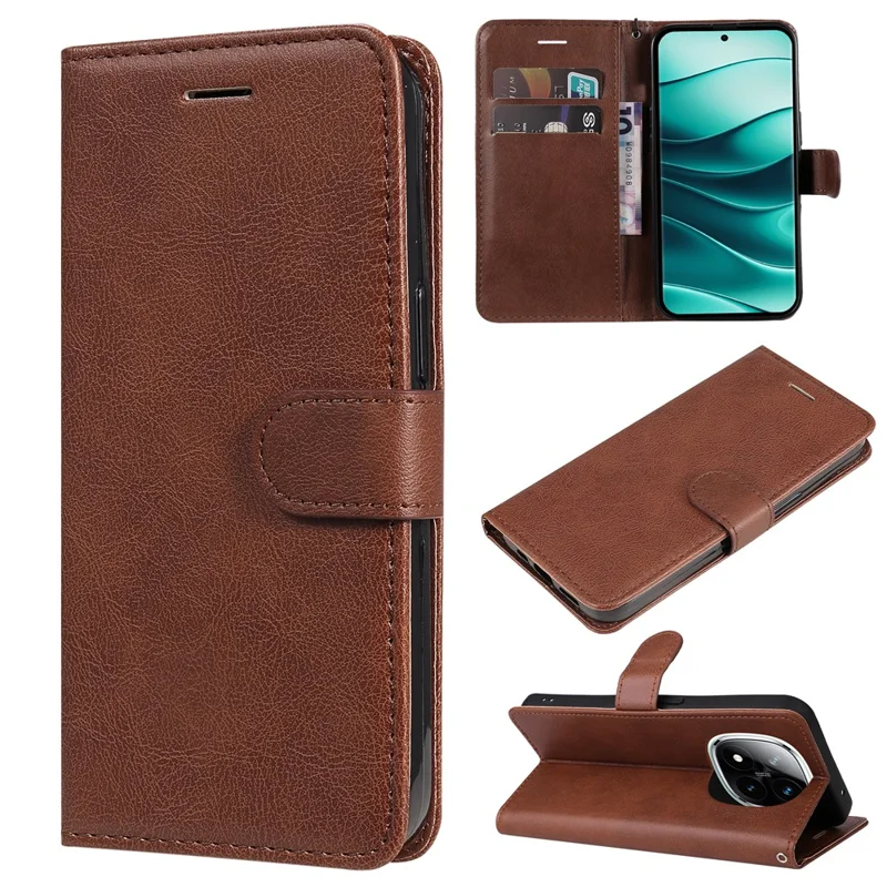 For Xiaomi Redmi Note 14 Pro+ 5G / Note 14 Pro 5G / Poco X7 5G Case Solid Color Leather Mobile Cover Wallet Stand with Strap - Brown