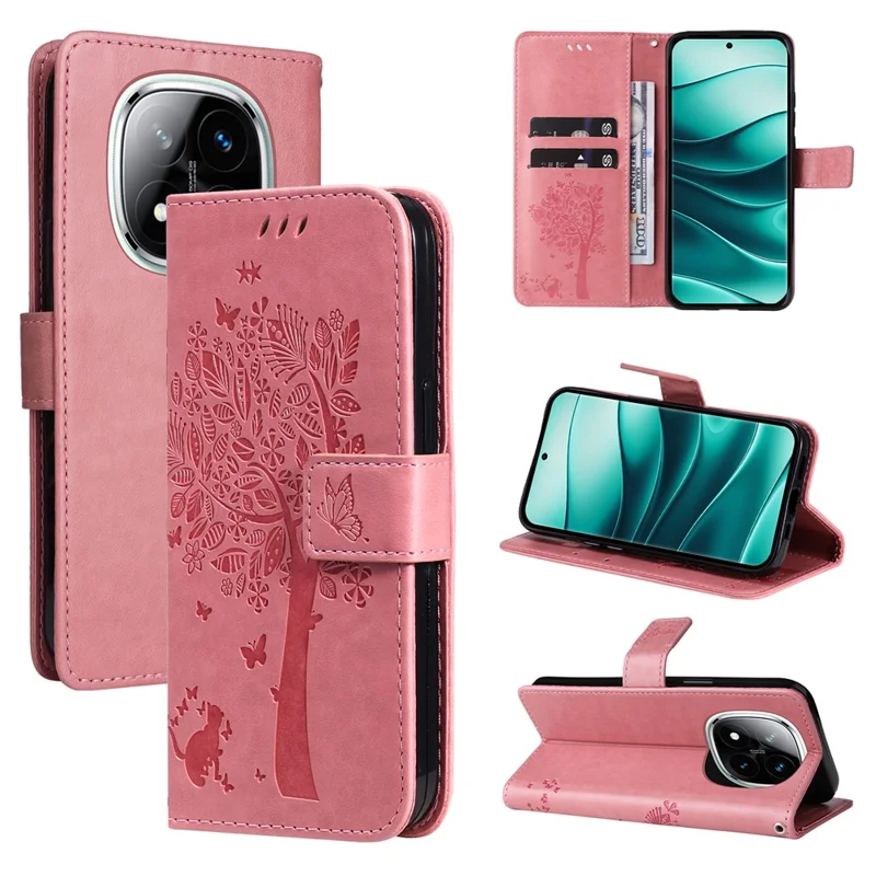 For Xiaomi Redmi Note 14 Pro+ 5G / Note 14 Pro 5G / Poco X7 5G Phone Case with Stand Cat Tree Pattern Leather Wallet Mobile Cover  - Pink