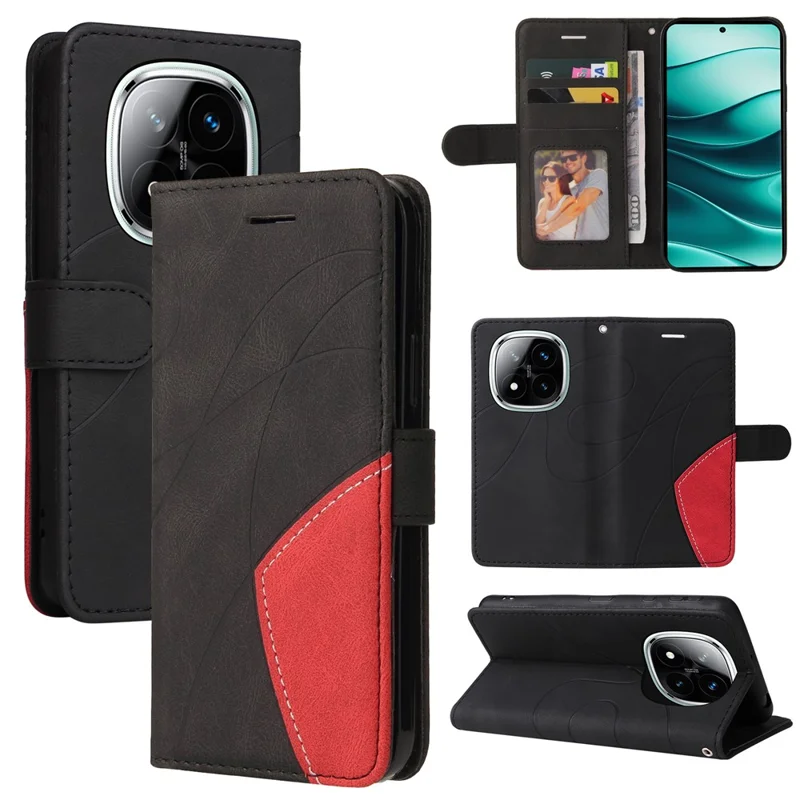 For Xiaomi Redmi Note 14 Pro+ 5G / Note 14 Pro 5G / Poco X7 5G Leather Case Wallet Stand Color Splicing Phone Cover  - Black