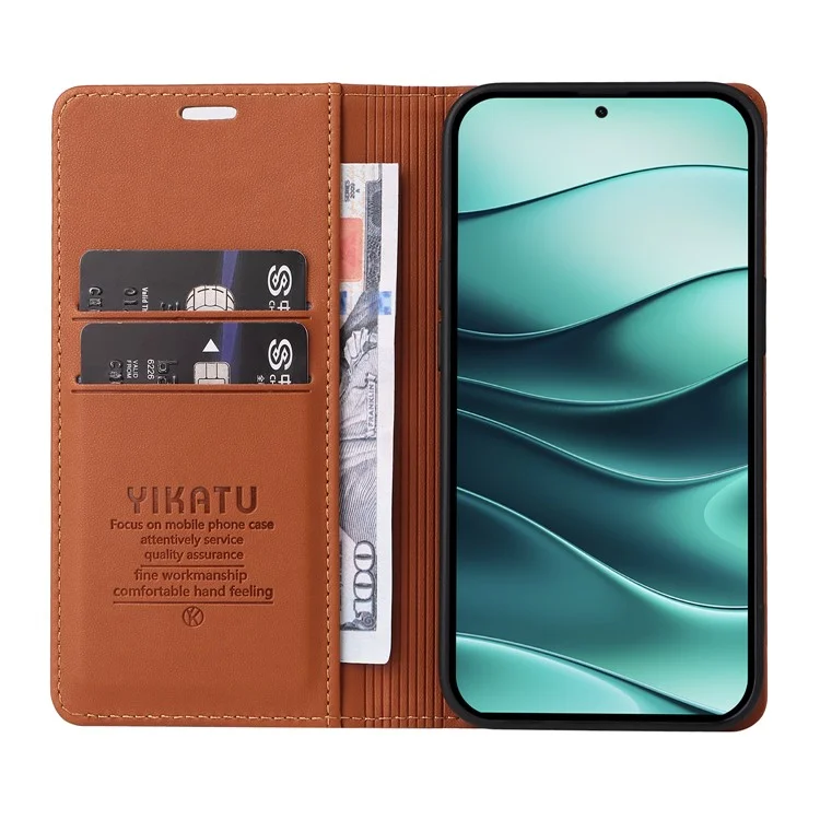 YIKATU YK-001 Funda para Xiaomi Redmi Note 14 5G con Soporte de Cuero Cierre Magnético Fuerte - Marrón