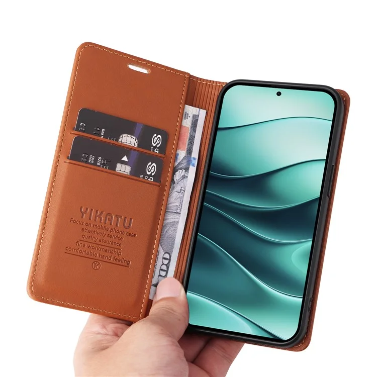 YIKATU YK-001 Funda para Xiaomi Redmi Note 14 5G con Soporte de Cuero Cierre Magnético Fuerte - Marrón