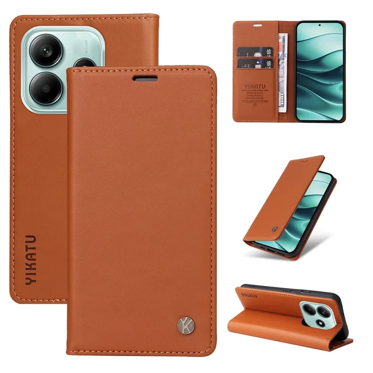 YIKATU YK-001 Funda para Xiaomi Redmi Note 14 5G con Soporte de Cuero Cierre Magnético Fuerte - Marrón