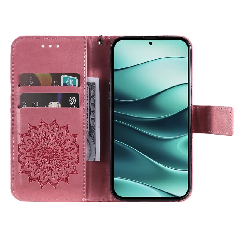 Til Xiaomi Redmi Note 14 5G telefonbeskytter med solsort trykt læderwallet standdæksel med rem - Pink
