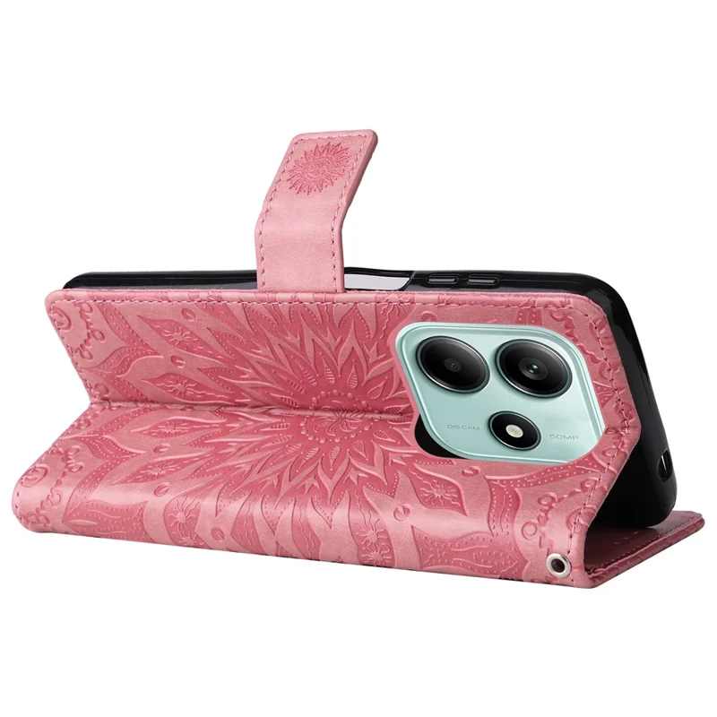 Til Xiaomi Redmi Note 14 5G telefonbeskytter med solsort trykt læderwallet standdæksel med rem - Pink