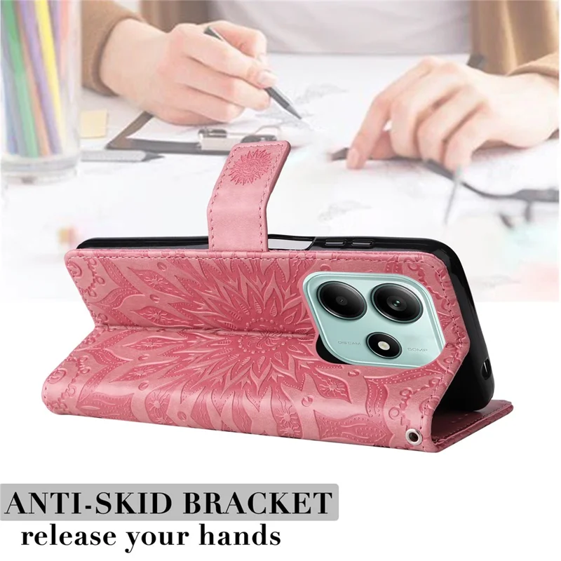 Til Xiaomi Redmi Note 14 5G telefonbeskytter med solsort trykt læderwallet standdæksel med rem - Pink