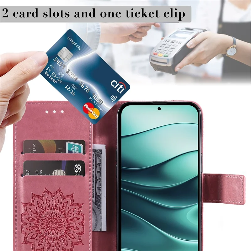 Til Xiaomi Redmi Note 14 5G telefonbeskytter med solsort trykt læderwallet standdæksel med rem - Pink