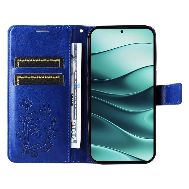 For Xiaomi Redmi Note 14 5G Wallet Case Floral Butterfly Imprinted Leather Phone Cover Stand - Blue