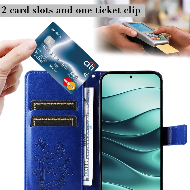 For Xiaomi Redmi Note 14 5G Wallet Case Floral Butterfly Imprinted Leather Phone Cover Stand - Blue
