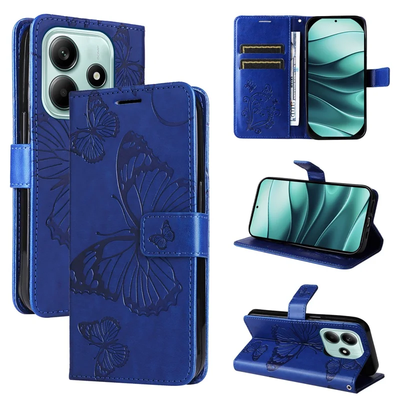 For Xiaomi Redmi Note 14 5G Wallet Case Floral Butterfly Imprinted Leather Phone Cover Stand - Blue