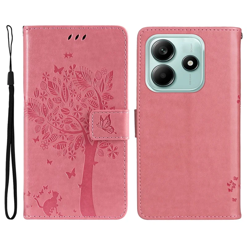 For Xiaomi Redmi Note 14 5G Phone Case with Stand Cat Tree Pattern Leather Wallet Mobile Cover - Pink