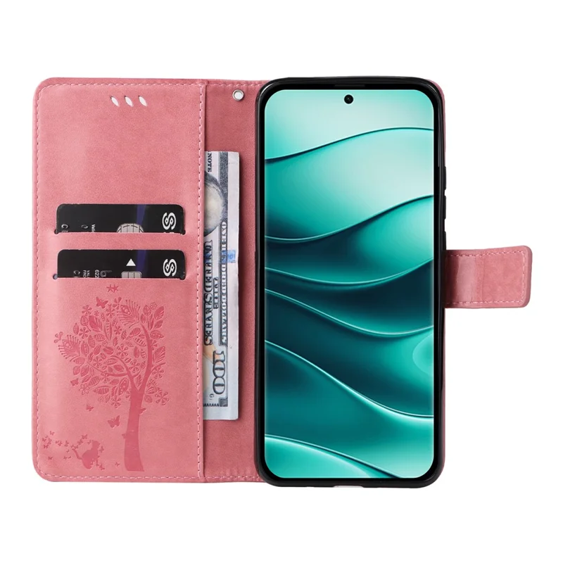 For Xiaomi Redmi Note 14 5G Phone Case with Stand Cat Tree Pattern Leather Wallet Mobile Cover - Pink