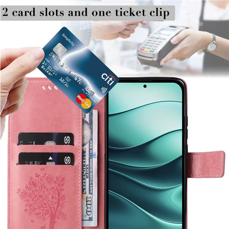 For Xiaomi Redmi Note 14 5G Phone Case with Stand Cat Tree Pattern Leather Wallet Mobile Cover - Pink