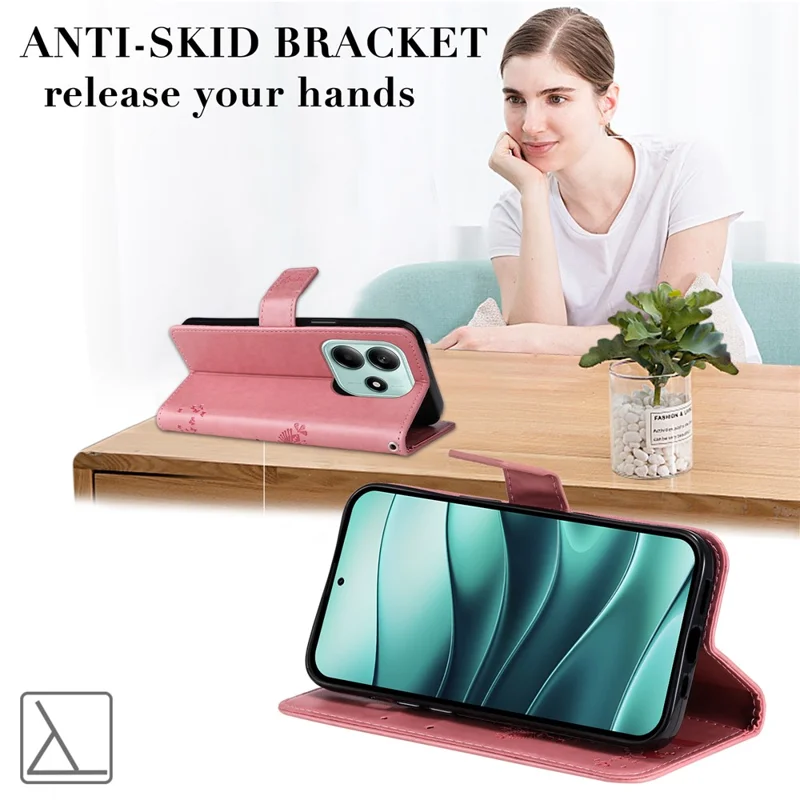 For Xiaomi Redmi Note 14 5G Phone Case with Stand Cat Tree Pattern Leather Wallet Mobile Cover - Pink