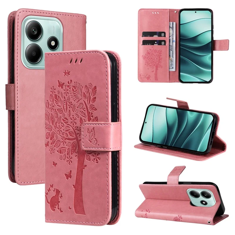 For Xiaomi Redmi Note 14 5G Phone Case with Stand Cat Tree Pattern Leather Wallet Mobile Cover - Pink