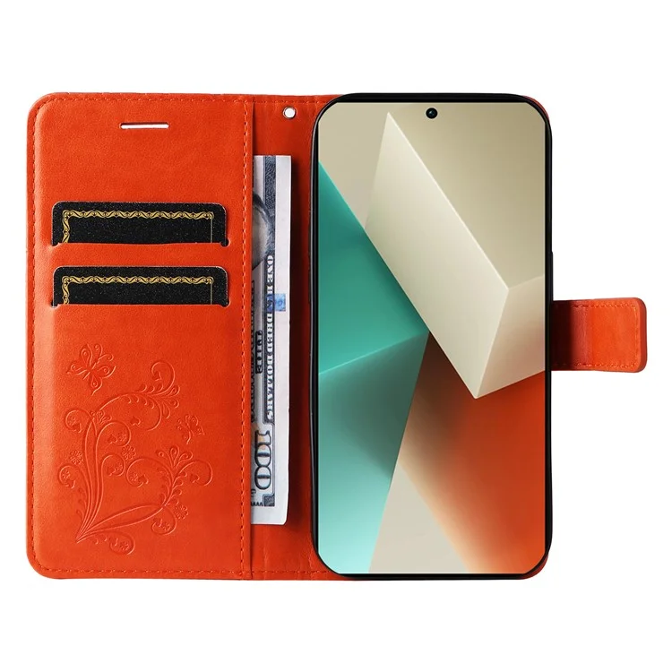 For Xiaomi Redmi Note 13 5G / Note 13 5G (China) Wallet Case Floral Butterfly Imprinted Leather Phone Cover Stand - Orange