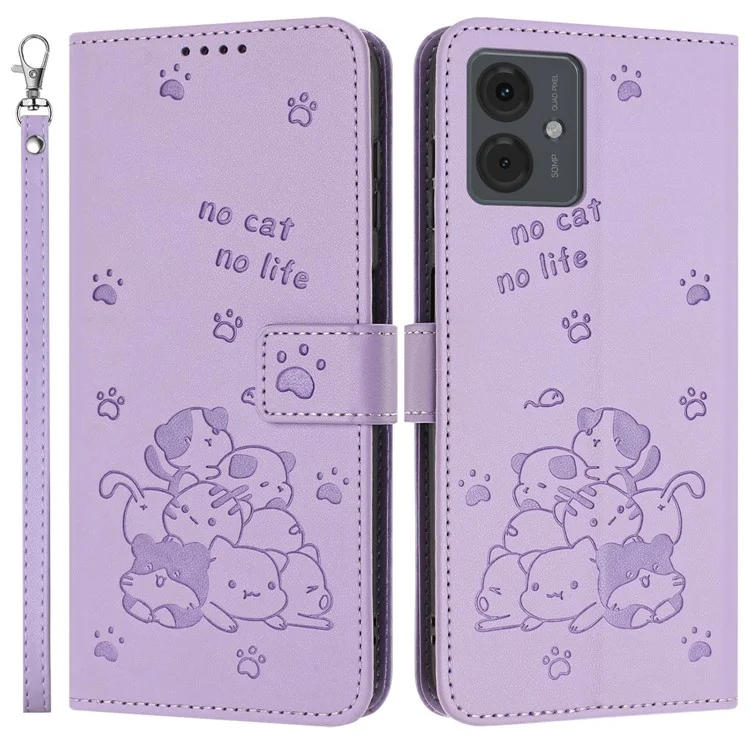 Étui en Cuir Pour Motorola Moto E14 4G / G04s 4G / G04 4G / G24 4G Cats Impression Portefeuille en Cuir Couvercle de Téléphone Avec Sangle - Violet