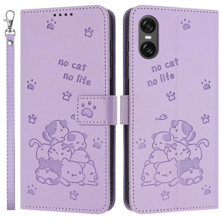 Para Sony Xperia 10 VI Case Con Correa Cats Imprimir la Portada de la Billetera de Cuero - Púrpura