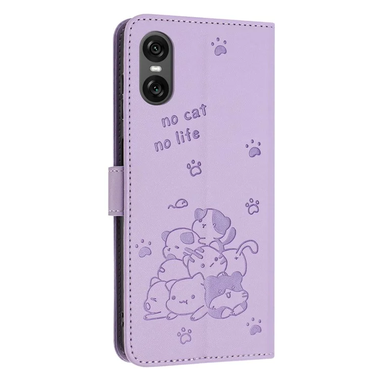 Para Sony Xperia 10 VI Case Con Correa Cats Imprimir la Portada de la Billetera de Cuero - Púrpura