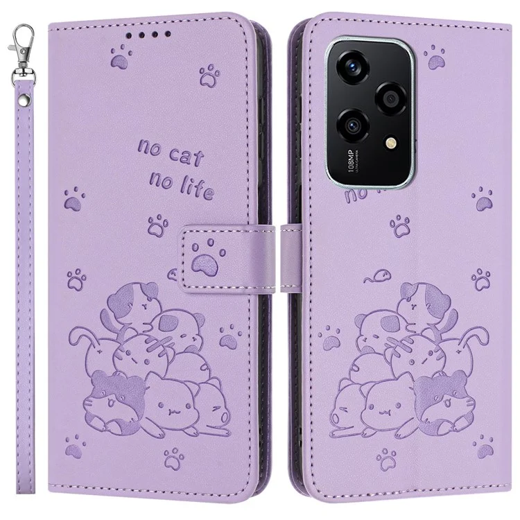 Para Honor 200 Lite Case With Strap Cats Impresión de la Portada de la Billetera de Cuero - Púrpura