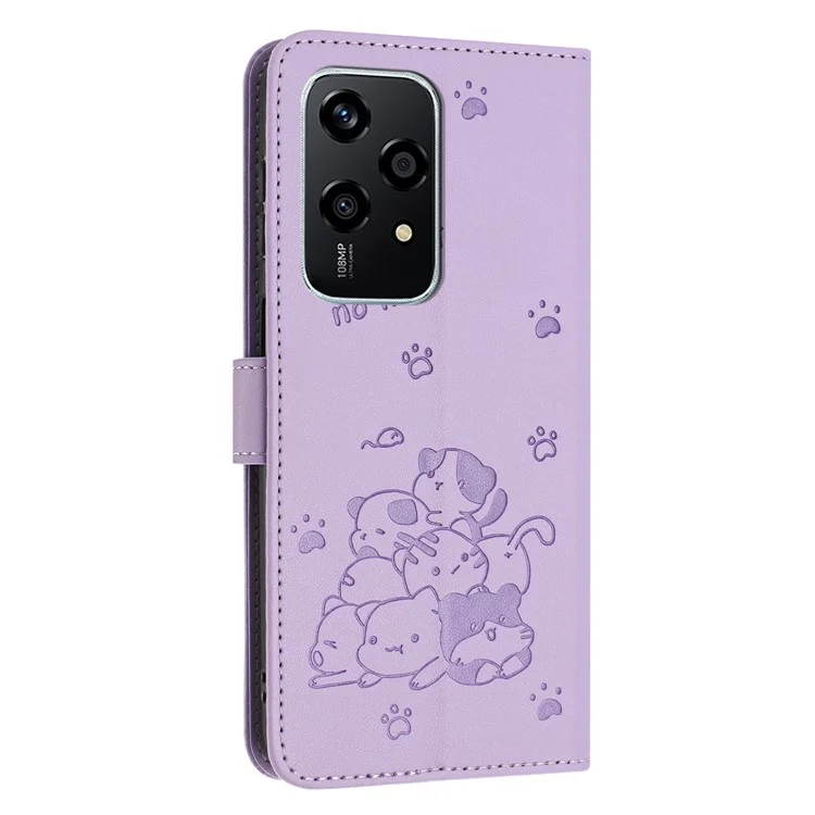Para Honor 200 Lite Case With Strap Cats Impresión de la Portada de la Billetera de Cuero - Púrpura