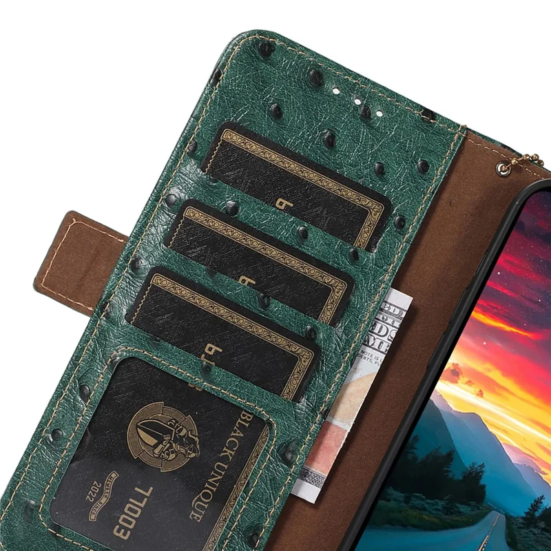 For Motorola Moto G35 5G Case RFID Blocking Genuine Cow Leather Phone Case Ostrich Texture - Green
