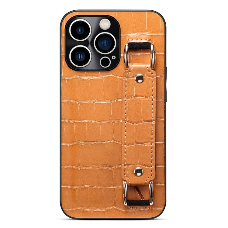 Per iPhone 14 Pro Max DW Card Holder PU Leather Coated TPU Case Crocodile Texture Hand Strap Kickstand Anti-drop Cover - Marrone