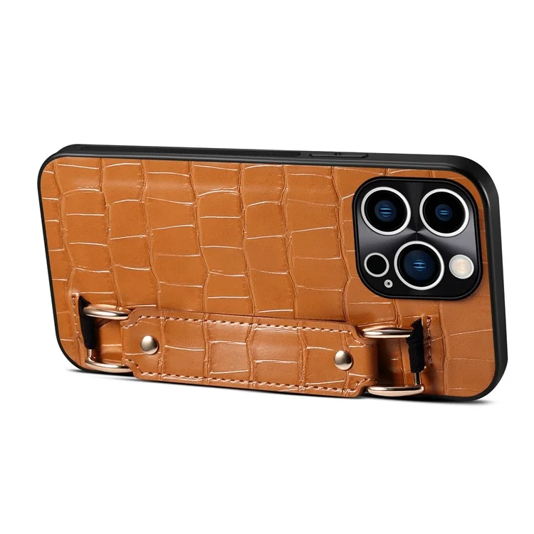 Per iPhone 14 Pro Max DW Card Holder PU Leather Coated TPU Case Crocodile Texture Hand Strap Kickstand Anti-drop Cover - Marrone