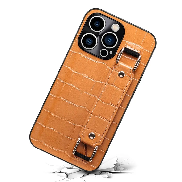 Per iPhone 14 Pro Max DW Card Holder PU Leather Coated TPU Case Crocodile Texture Hand Strap Kickstand Anti-drop Cover - Marrone