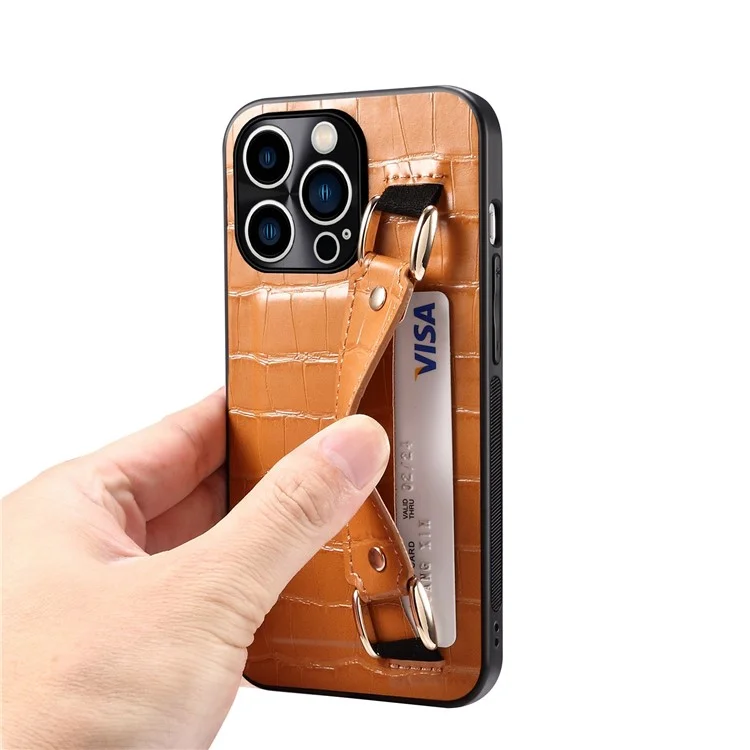 Per iPhone 14 Pro Max DW Card Holder PU Leather Coated TPU Case Crocodile Texture Hand Strap Kickstand Anti-drop Cover - Marrone