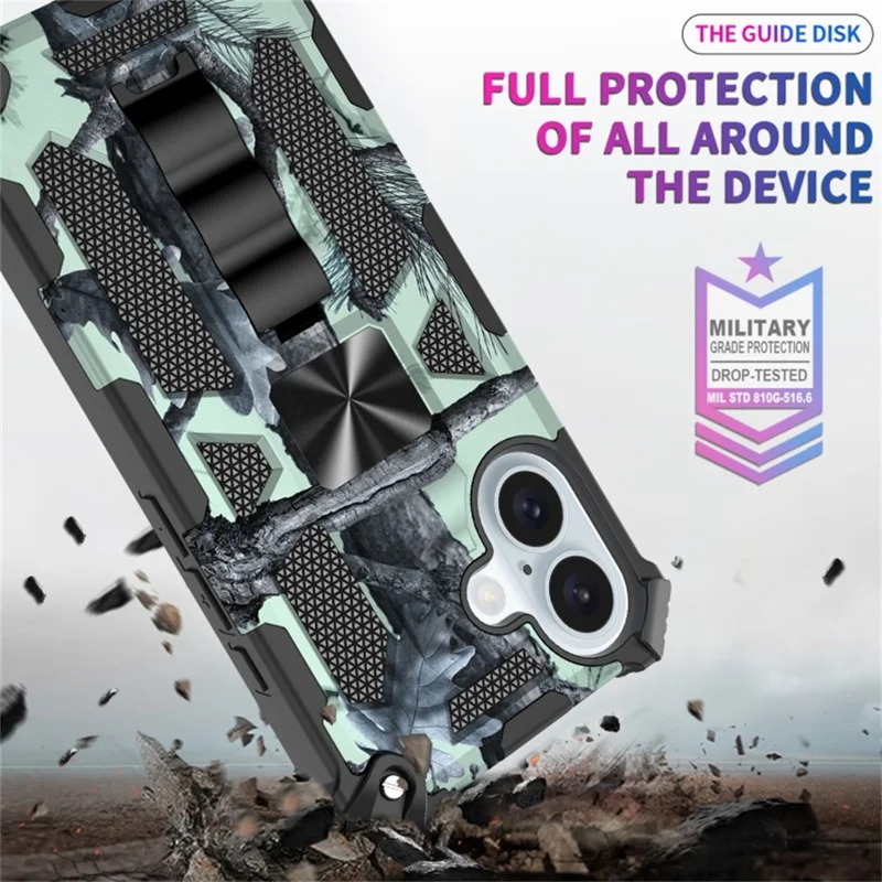 For iPhone 16 Plus Case Kickstand Camouflage Anti-Drop TPU+PC Phone Cover - Army Green
